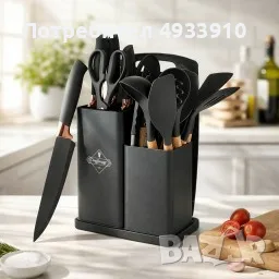 Кухненски комплект от 19 части Cheffinger KSUT01 - ножове, силиконови прибори, поставка и дъска за р