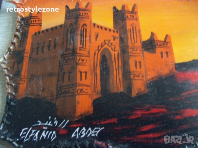 № 6826 картина на кожено платно с дървена рамка   - подпис   - размери - с рамка 40 / 20 см , кожено, снимка 2 - Други ценни предмети - 39727366