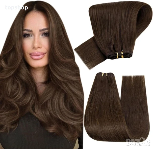 Hetto Екстеншъни за удължаване на коса 100% истинска човешка коса  #4 55 см 100 гр, тъмно кафяво, снимка 1