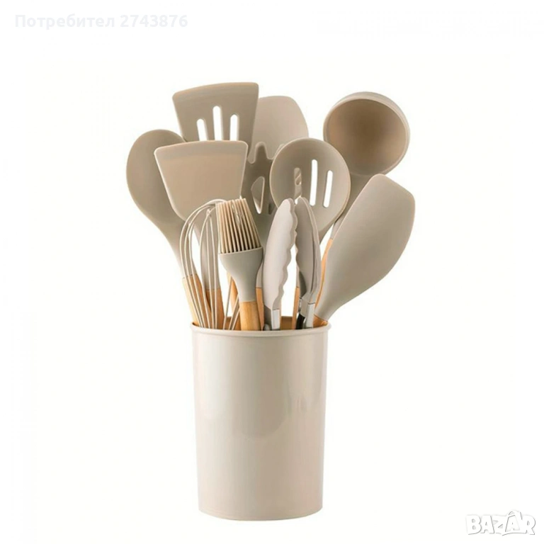 Комплект Силиконови прибори за Готвене 12 части с поставка, Силикон и дърво ,Капучино, снимка 1