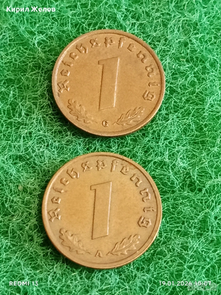 Две монети 1 райхсфенинг 1938г. Трети Райх Германия с свастика 53332, снимка 1