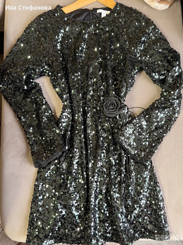 Нова зеленикав черен отенък  блестяща празнична парти официална коктейлна рокля пайети, снимка 1