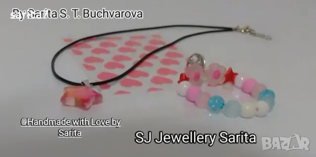 Стилен комплект от колие STAR в розово и цветна еластична гривна с дървото на живота , снимка 1