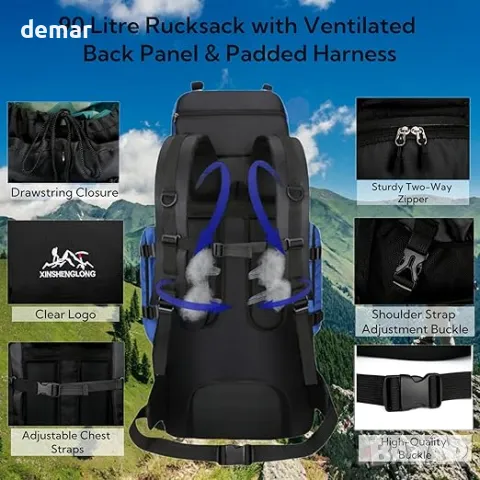 Fesky Водоустойчива раница с капацитет 90 л - голяма регулируема, 85 см x 38 см x 26 см, черна, снимка 5 - Раници - 47400394