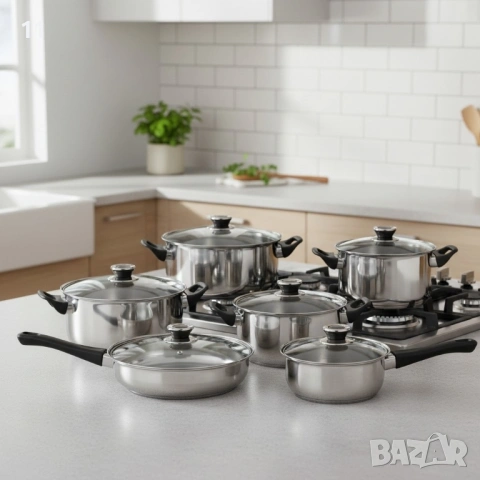 Комплект готварски съдове от инокс 12 части: 5 тенджери, тиган и стъклени капаци (16-24 см), снимка 2 - Съдове за готвене - 53542360