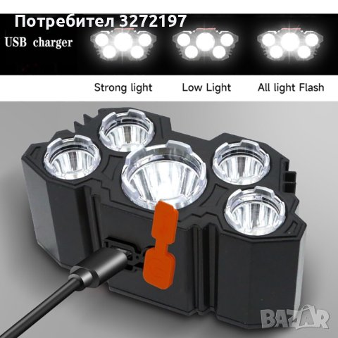 Акумулаторно  5 LED фенерче - челник ,с вградена 18650 батерия, силна светлина, снимка 4 - Къмпинг осветление - 41405624