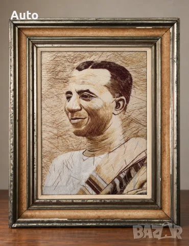 Рядък винтидж портрет на Кваме Нкрума – традиционно ганайско Silk Thread Art, 56 × 46 см