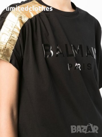 BALMAIN Gold Metallic Sleeve Logo Print Дамска Тениска size XS и S, снимка 6 - Тениски - 40230439