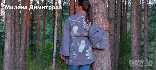 Ръчно рисувано ленено кимоно , снимка 3 - Сака - 48851636