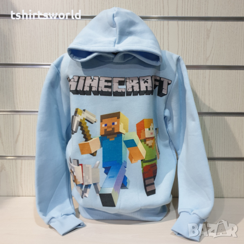 Нов детски суичър с дигитален печат MINECRAFT в светлосин цвят
