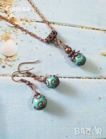 Прекрасен комплект гривна, обеци и колие с Тибетски Тюркоаз, Розов Жадеит с красиви медни орнаменти, снимка 5 - Бижутерийни комплекти - 40713602