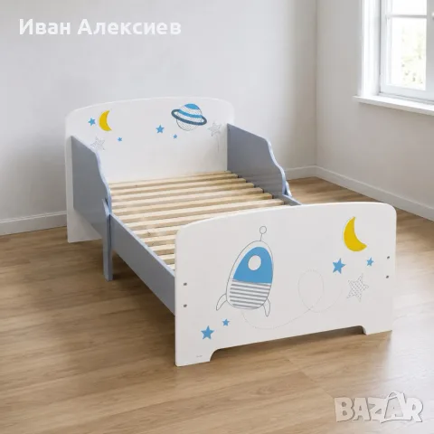 Детско легло Космос 140x70 см с ламелна основа – Бяло легло с пленети, звезди и ракета, снимка 3 - Мебели за детската стая - 55838704