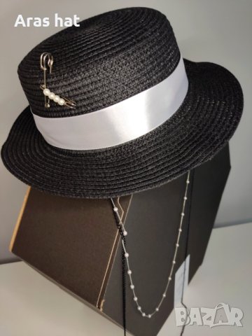 Дамска лятна сламена черна шапка, снимка 3 - Шапки - 41350187