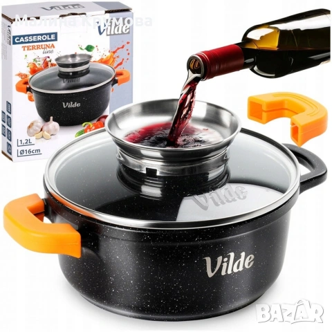 Универсална гранитна касерола с незалепващо, със стъклен капак и дозатор за течности