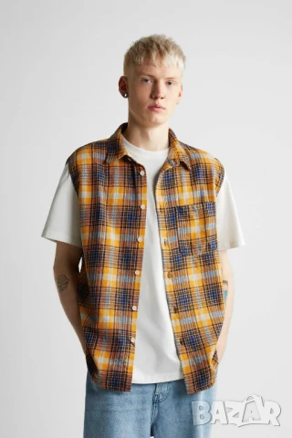 Мъжка карирана риза без ръкави Zara, 100% памук, Жълта, XL