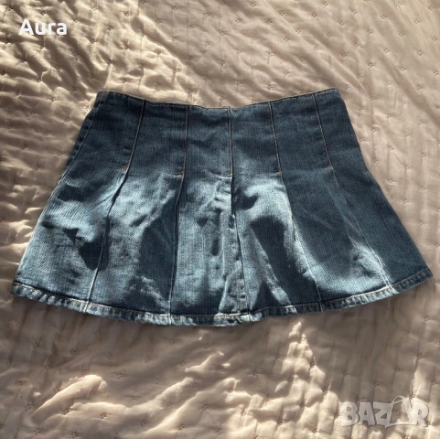 blue denim mini skirt in a pleated tennis style, снимка 3 - Поли - 53814702