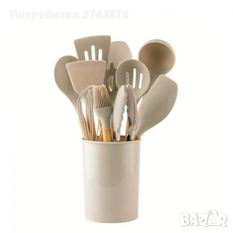 Комплект Силиконови прибори за Готвене 12 части с поставка, Силикон и дърво ,Капучино