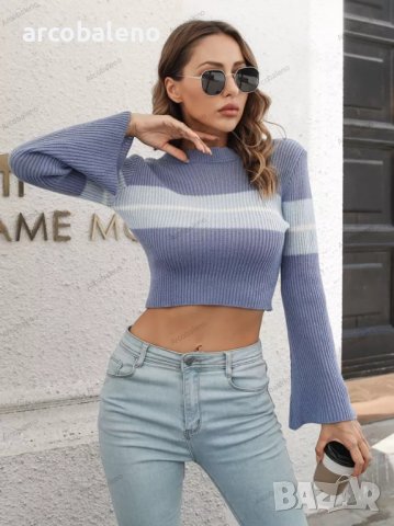 Дамски скъсен пуловер на контрастни райета, 3цвята - 023, снимка 9 - Блузи с дълъг ръкав и пуловери - 39096108