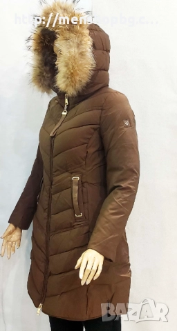 Големи размери дамско яке с естествен пух код - кафяво, снимка 2 - Якета - 51989450