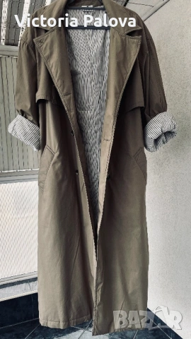 Модерен каки тренчкот с колан и цветна подплата - незаменим за пролетта, снимка 6 - Палта, манта - 53397220