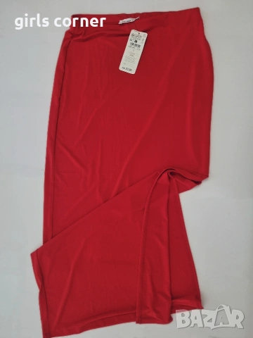 Чисто нова червена дълга пола с цепка - Размер L, снимка 2 - Поли - 53682360