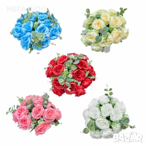 Изкуствени букети с рози и евкалиптови листа – Елегантна украса с дълготраен ефект