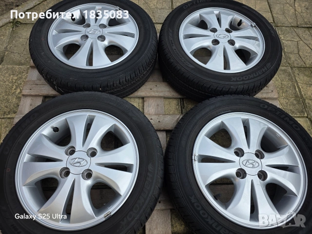 Лети джанти 14ки 4х100 Hyundai + летни гуми 175/60/14 Hankook, снимка 3 - Гуми и джанти - 53707165