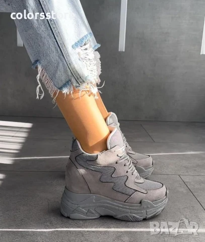 Кецове на платформа - сив велур и мрежа - PJN90

, снимка 2 - Кецове - 50982368