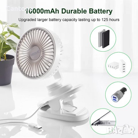 YISSVIC настолен вентилатор с клипс, 4000 mAh (макс. 36 часа),въртене на 360°,автоматична осцилация, снимка 3 - Вентилатори - 39573810