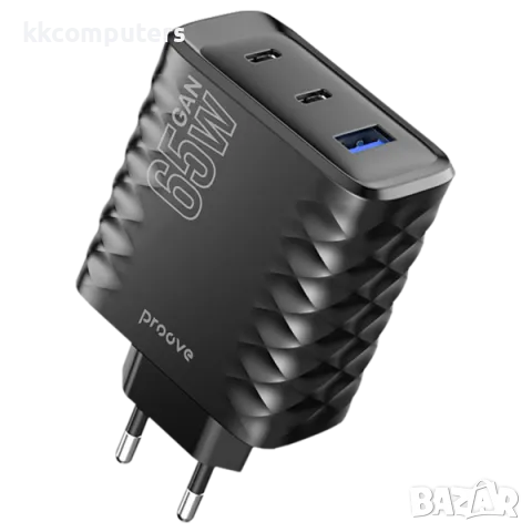 Зарядно/Адаптер 220V Proove Surge Gan / 65W / 2xPD, 1xUSB QC 3.0 / Черен / Баркод : 456399, снимка 1 - Оригинални зарядни - 48488355