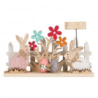 Великденска декорация, Зайчета с козина в ограждение, Дървена, 18x5x11 см, снимка 2 - Декорация за дома - 39860494