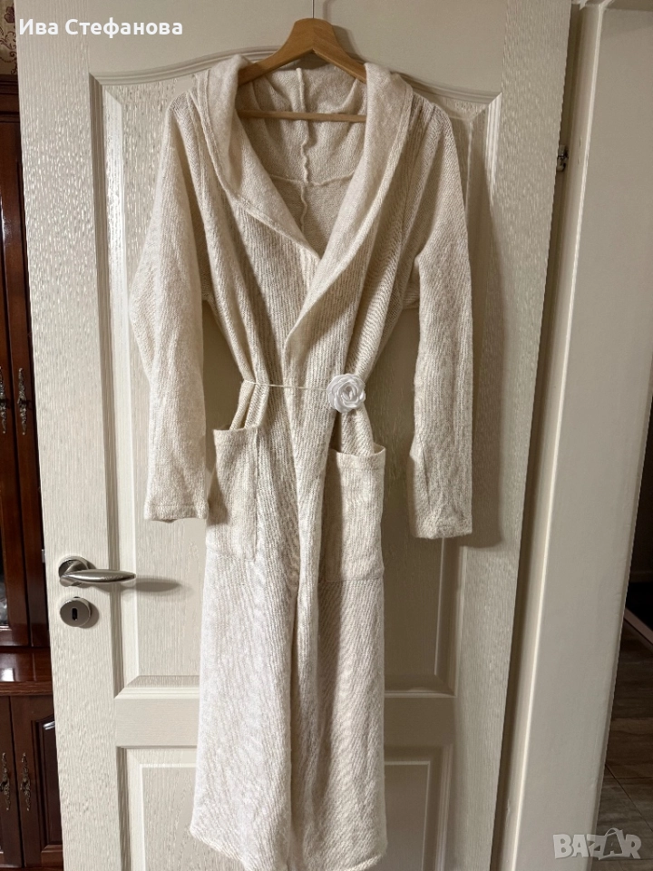 Разкошна бяла екрю дълга елеганта памук памучна жилетка универсален халат  one size размер, снимка 1