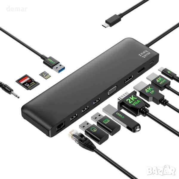 Докинг станция Minthouz, 12 в 1 USB C, VGA+HDMI+DP, 4*USB-A, снимка 1