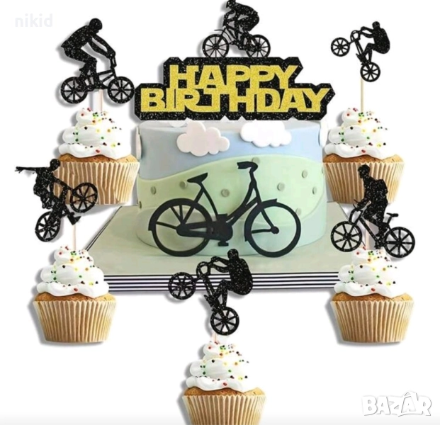 10 бр Колоездач Велосипедист на колело картонени брокат топери украса декор за мъфини кексчета топер, снимка 1