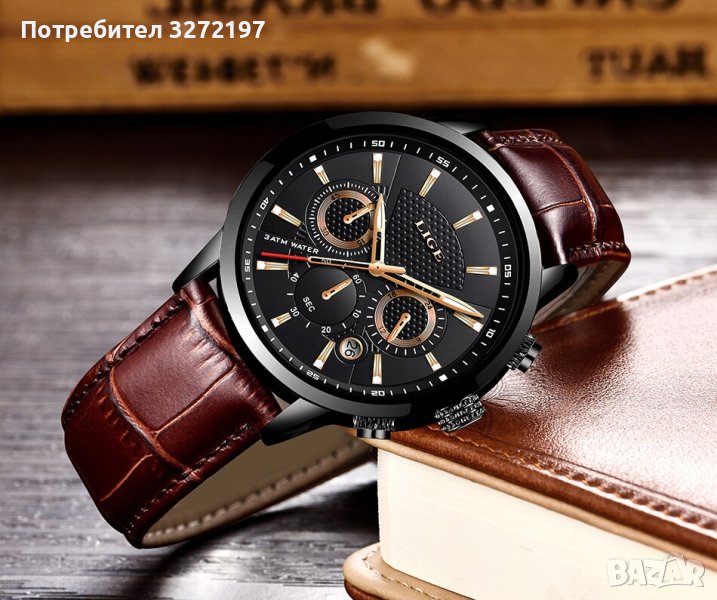 LIGE-Луксозен кварцов часовник,хронограф,дата,кожена каишка,високо качество, снимка 1