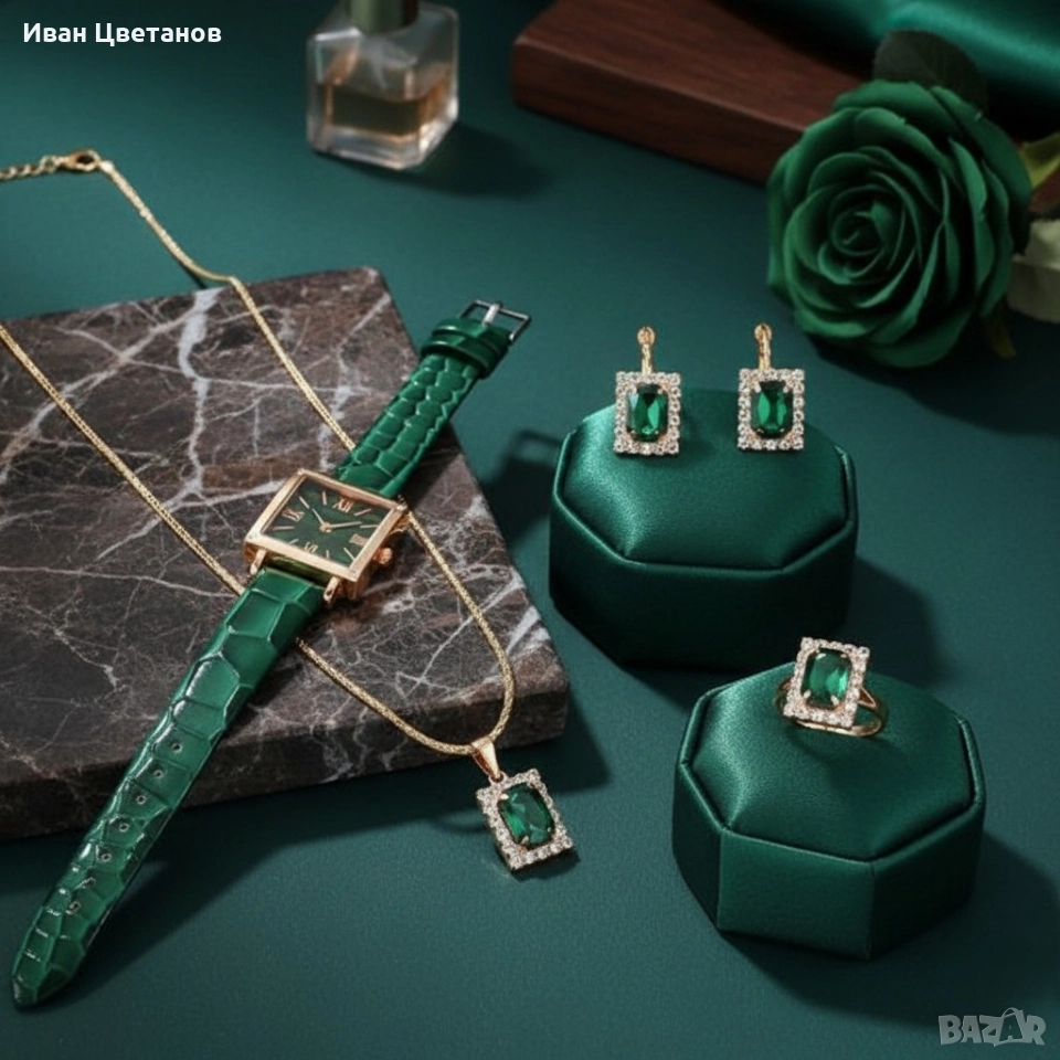 Елегантен комплект часовник и бижута с зелени кристали и златист корпус, снимка 1