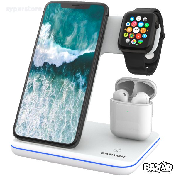 Безжично зарядно за телефон CANYON WS-302, 3in1 Wireless charger, Бял SS30258, снимка 1