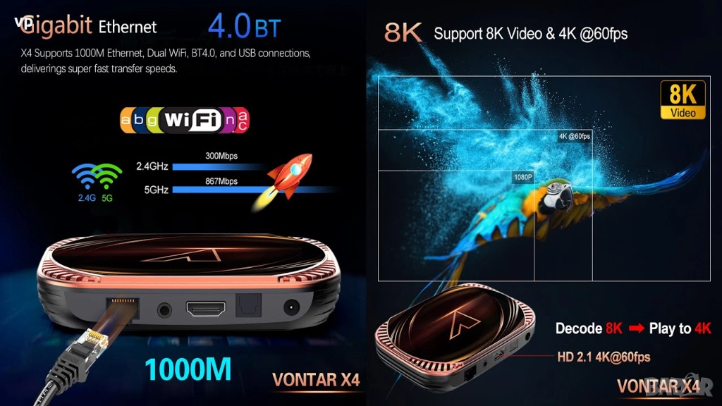 8K Android ТВ бокс VX4 с процесор Аmlogic с Dolby ATMOS DTS HD Hi-Fi RES 4K - 1000 LAN с UGOOS mod, снимка 1