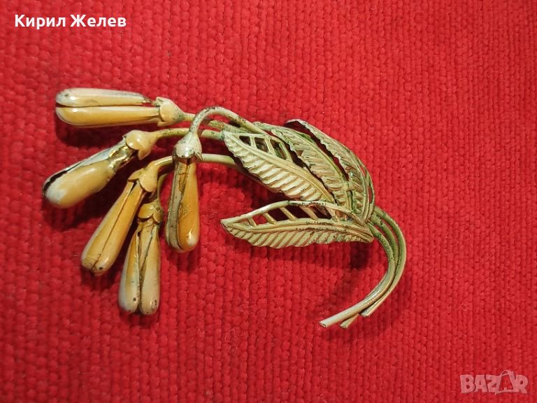 СТАРА АРТ НУВО ЗЛАТИСТА ЛАКИРАНА ФЛОРАЛНА ВИНТИДЖ РЕТРО БРОШКА 26924, снимка 1