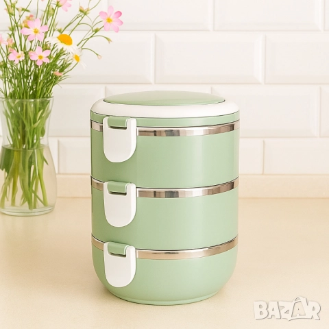 Кутия за храна от неръждаема стомана, 3 слоя, 16,5x20,5см, 2100мл, преносима, със сгъваеми дръжки, снимка 3 - Други стоки за дома - 51887361