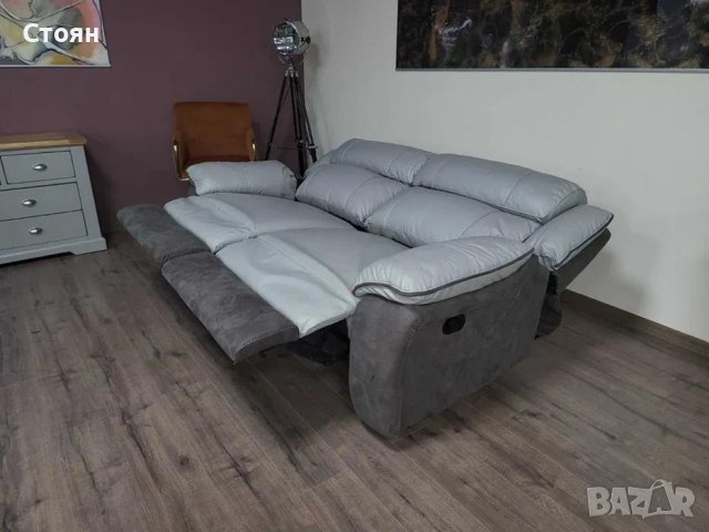 Сив диван тройка от кожа и плат с ръчен релаксиращ механизъм, снимка 11 - Дивани и мека мебел - 44438426
