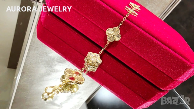 Van Cleef & Arpels VCA Gold Clear and Diamond 5 Motifs Vintage Alhambra Дамска Гривна, снимка 8 - Гривни - 53405562