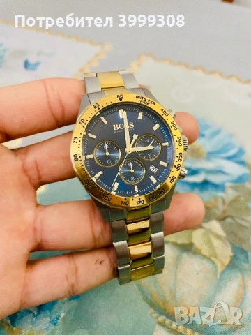 Луксозен мъжки часовник BOSS Hugo Boss – Син циферблат, златист безел, хронограф, снимка 4 - Луксозни - 53711243