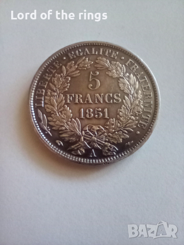 5 франка 1851 AU/UNC Франция , снимка 1 - Нумизматика и бонистика - 44655073