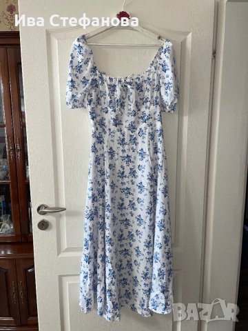 Нова елегантна ежедневна романтична дълга бяла рокля нежни сини полски цветя цепка буфан ръкав к, снимка 10 - Рокли - 42540684