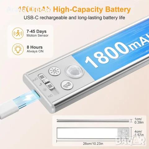 Gritin LED лампи за шкафове 2 броя – 26 см, сензор за движение, USB-C, снимка 8 - Лед осветление - 55974903