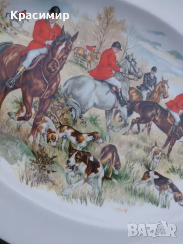 Овално плато с ловна сцена Леки следи от износване на канта, едва забележими. 34,5/27 см. , снимка 2 - Чинии - 50086657