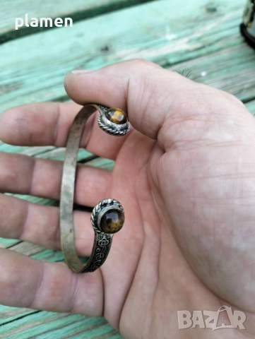 Стара посребрена гривна с естествени камъни тигрово око, снимка 7 - Антикварни и старинни предмети - 51545373