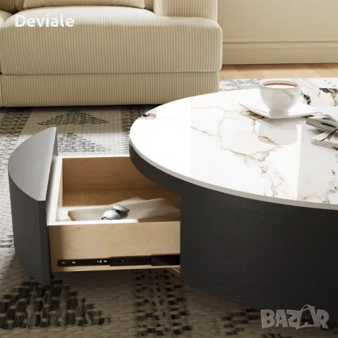 Модерна масичка за кафе с дъбов фурнир и плот от синтерован камък и място за съхранение, снимка 2 - Маси - 48397001