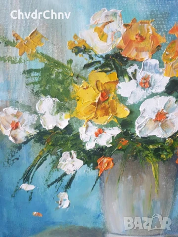 Деница Гарелова 30x30см/малка българска картина масло върху платно/натюрморт-цветя/без рамка, снимка 2 - Картини - 51160560